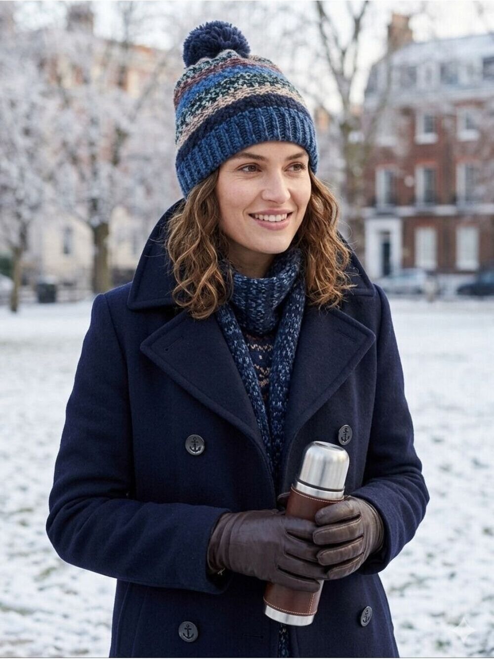 Steve Madden Striped Beanie with Navy pom pom One Size Cozy